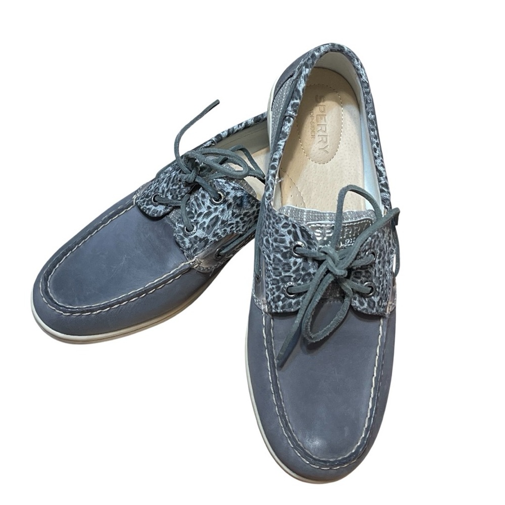 Sperry Top Sider Women Boat Shoes Leather Cheetah Gray Silver Size 9 Preppy Boho